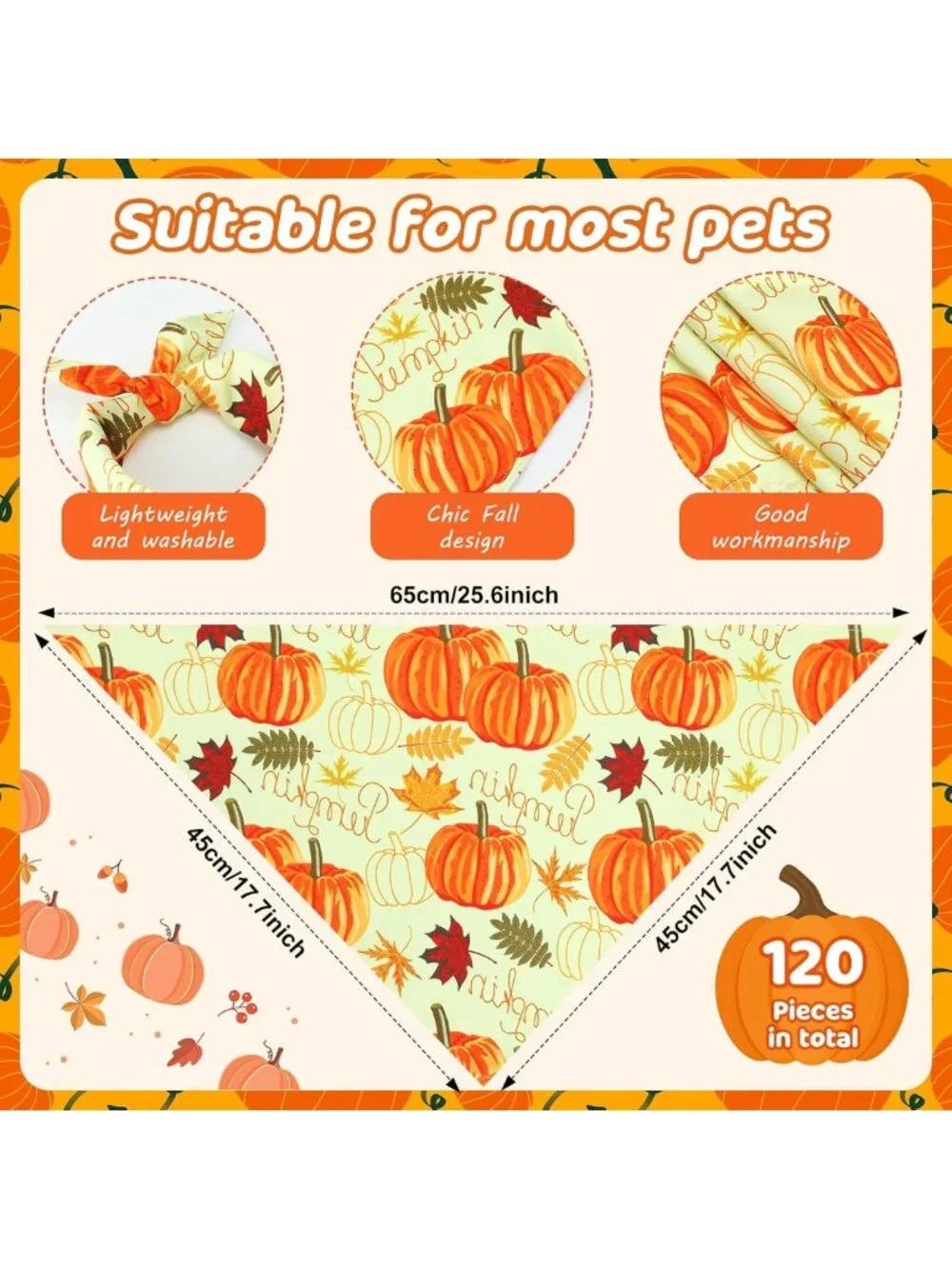 120 Pcs Fall Dog Bandanas Set - Thanksgiving Pumpkin & Maple Leaves Designs